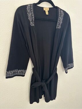 Ella Moss Cardigan Women Small Black Silk Cashmere Embroidered Tie Waist Wrap